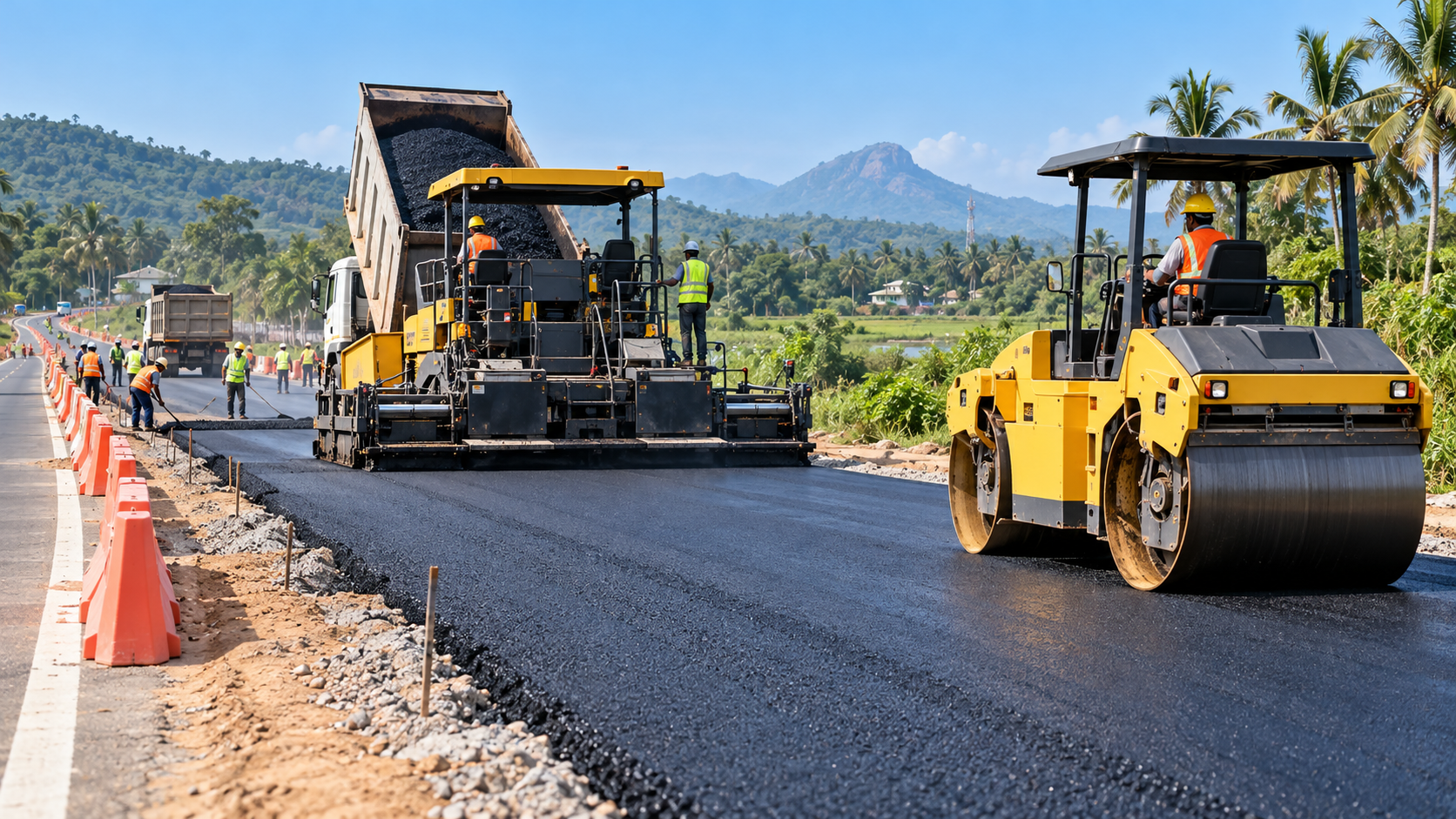 Road surfacing with an asphalt paver and roller — AI-generated civil works inspiration