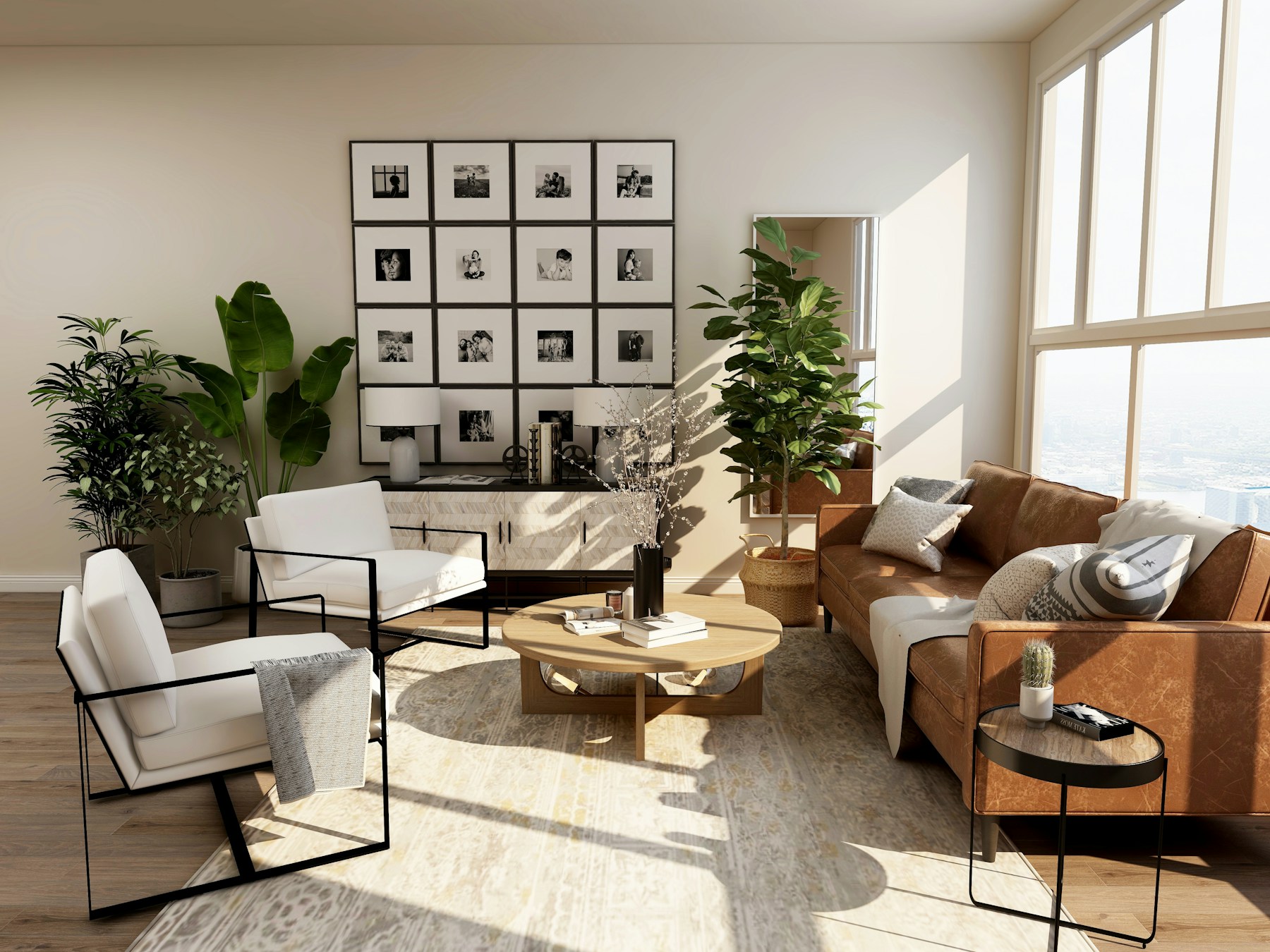 Warm contemporary living room with natural textures and generous daylight